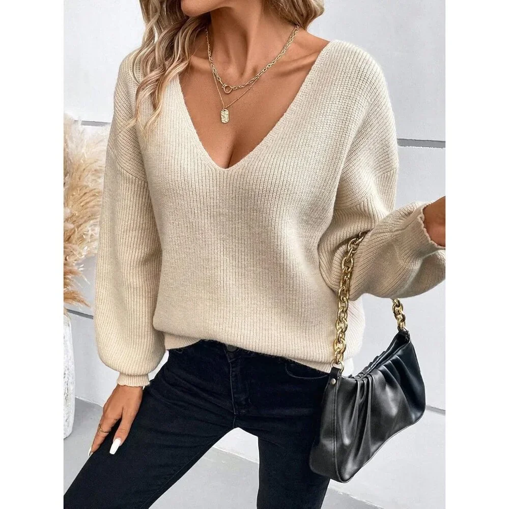 V Neck Sweater Women Off Shoulder Fitted Long Sleeve Knit Top Large